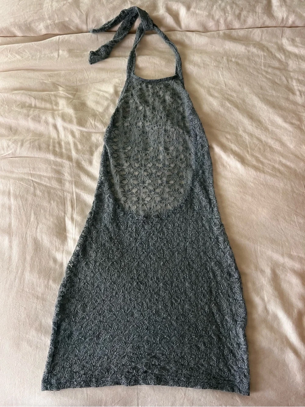 Luna B Oasis Dress Dusty Blue Sheer Lace Halter Backless Fitted Mini Size XS/S